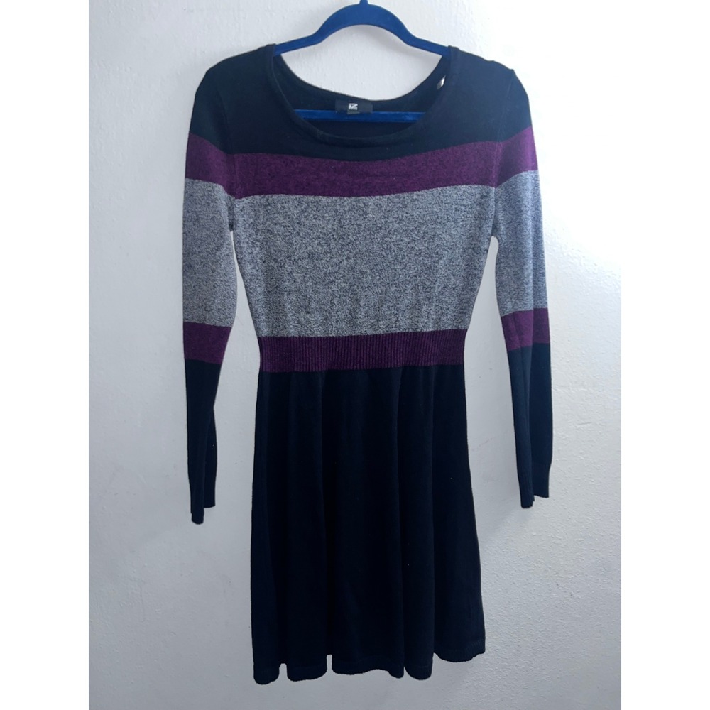 IZ Byer Women's Long Sleeve Knit Sweater Dress - Black Gray Purple - Size L